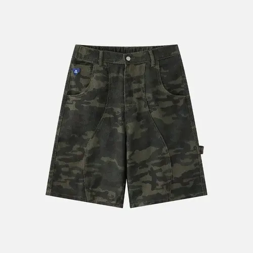 Aelfric Eden Curved Panel Camo Utility Shorts Mid Rise Semi Elastic Waist Curved Seam Panel Detail Vintage Camo Print Heavyweight Fabric Retro Streetwear Unisex Bottoms