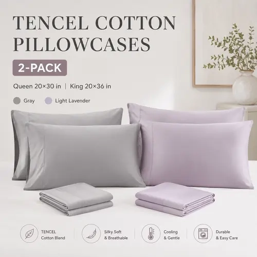 GEECO Tencel Cotton Pillowcases (2-Pack) - 48% Rayon Blend Double Silk-Like Smooth Wrinkle Resistant, Cool-Touch Skin-Friendly Bedding for Hair & Skin, Breathable Envelope Closure, Queen/King Sizes, Neutral Gray/Light Lavender, Machine Washable, King: 20×
