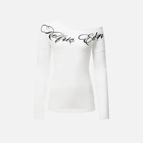 Aelfric Eden Women's Off-Shoulder Graphic Tee - Long Sleeve Everyday Tops, Slim Fit High-Stretch Knitwear, Gothic Rhinestone Script Print, Asymmetric Neckline, 2000s Off-Shoulder Edge Streetwear Clothing for Women