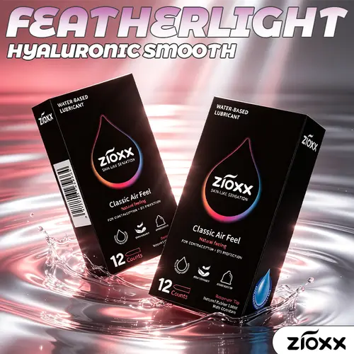 ZIOXX Classic Air Feel Adult Latex Condoms, 12-Pcs 52mm Ultra Thin 0.045mm Smooth Sensitive Lightweight Skin-Like Contraceptives with Reservoir Tip, Water-Based Comfort, Prop 65 Safe Reliable Pregnancy Protection