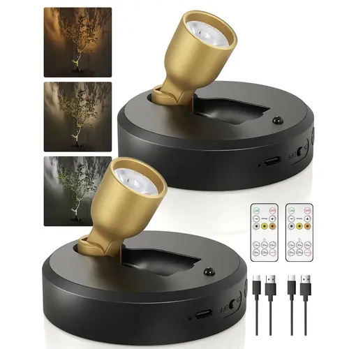 ISUNMEA Spotlight Indoor with Remote, 5000mAh Rechargeable Battery-Powered Plant Spot Lights, Wireless Mini Uplights with Dimmable, Timer, Accent Lighting for Pictures, Art, Displays (2-Pack)