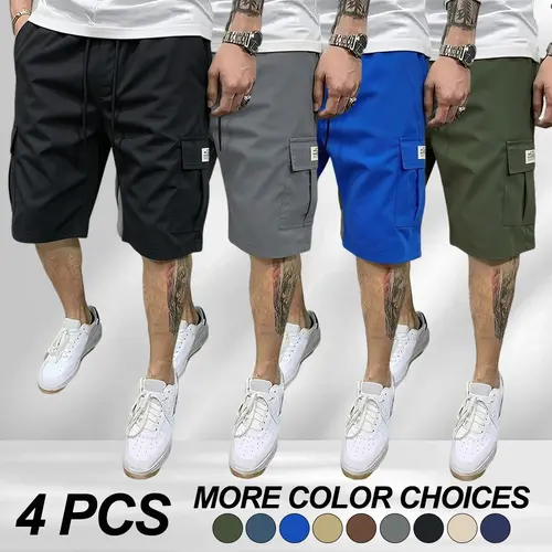 Men’s casual cargo shorts, solid color loose straight-leg shorts with multiple pockets and an elastic waistband that can be adjusted with a drawstring; comfortable, breathable casual shorts suitable for home leisure, everyday wear, and outdoor activities.