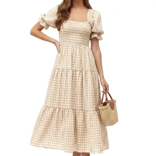 CHOUYATOU Women's Chic Boho Plaid Cotton Dress, Basic A-Line Midi with Square Neck and Puff Sleeves, Comfortable Fit for Summer Holiday, Shortsleeve, Lightweight, Casual Dresses, Boho Style Outfit, Checkered Print, A Type, Elegant, Sweet, Lady