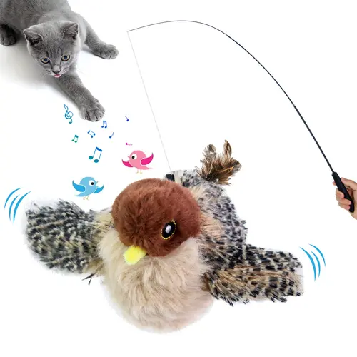 Interactive Kitten Wand Teaser Toy - Retractable Pole with Realistic Non-Flying Flapping Bird, Rechargeable Touch-On Bird Sound Kicker for Feline Exercise, Engaging Cat Supply Accessory