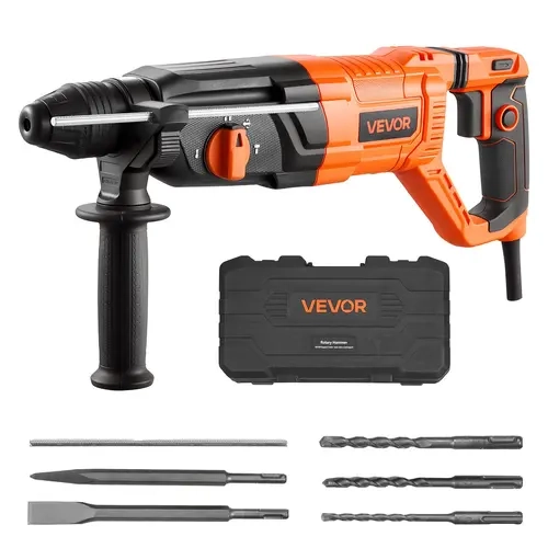 【toolupgrade】VEVOR Corded SDS-Plus Hammer Drill, 1-1/8 in Electric Heavy Duty 4-Function Rotary Hammer with 3 Drill Bits, Flat Chisel, Pointed Chisel, Carrying Case, Flexible Grip, Heat Dissipation for Renovation, Concrete, Wood Installation