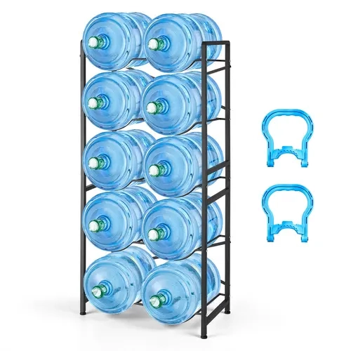 VEVOR 2-Row 5-Tier Carbon Steel Water Jug Holder, Heavy-Duty 419 lbs Capacity Garage Organization Rack for 10 x 3/5 Gal Bottles, Laser Cut Holes, Leveling Feet, Anti-Shaking, Handles, Easy Assembly, Black, Kitchen Use