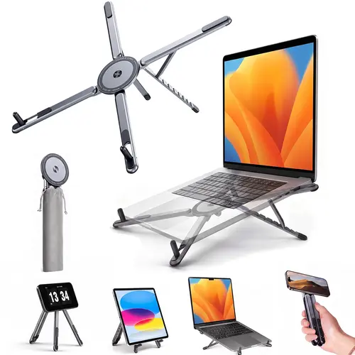 3-in-1 Folded Aluminum Alloy Laptop Stand for Desk - 8-Level Height Adjustable, 5.9-Degree Tilt, Portable Slim Magnetic Riser, Fits Phones/Tablets/Kindle, Velvet Work Bag Accessory, Desktop Stand Setup, Office Accessories, Bedside Table Tray
