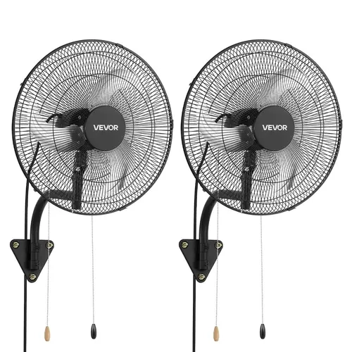 VEVOR 2-Pack 18 in Sturdy Wall-Mounted Industrial Auto-Oscillating Fans with Aluminum Blade, Copper Motor, Steel Guard, 3 Speeds, Long Airflow Distance, Adjustable Rotation Angle, Pull-Cord Control, Great for Garage Heat, Workshop