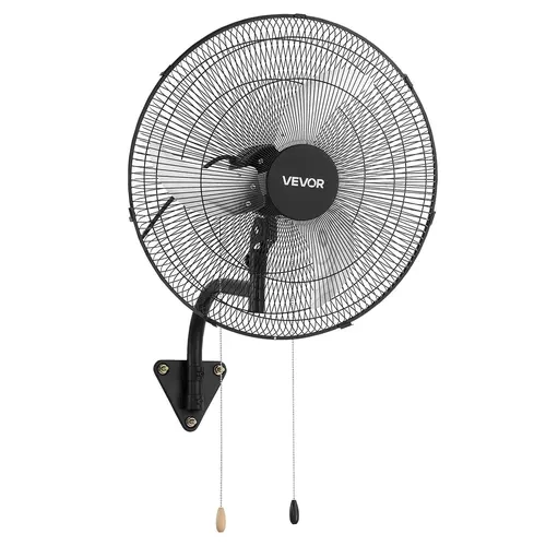 VEVOR 20-in Sturdy Wall Mount Cooling Fan with Aluminum Blade, Copper Motor Core, 3-Speed Control, Oscillation, Adjustable Rotation Angle, 27.8 Ft Airflow, 3660 CFM Blast, Pullcord On/Off, 2 Mounting Options, Wallmount Saves Space for Garage, Black