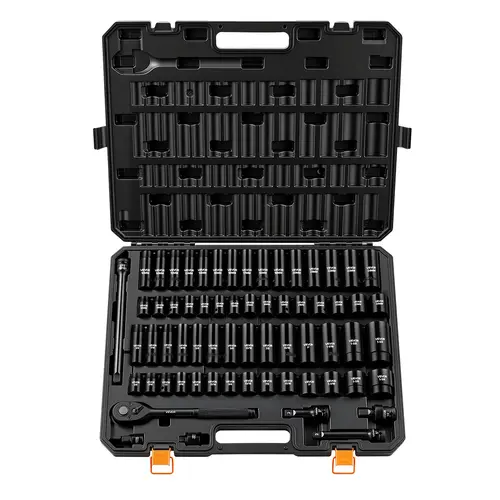 VEVOR 65-Piece 1/2"-Drive Impact Socket Wrenches Set, 6-Point SAE/Metric Mix (3/8"-1-1/4",10-24mm), Cr-V Alloy Steel, Impact-Ready Drive, Easy Identification, Sturdy Case, SAE Metric Tools for Mechanics & Car Repair