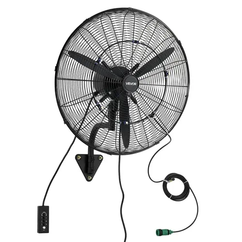 VEVOR 24 In Wall-Mounted Evaporative Fan, Oscillating Industrial Fan with IP44 Rating, 3-Speed Settings, 4470 CFM Strong Airflow, Mist Hose Hookup, Steel Guard, 29.5ft/9M Range, Space-Saving, Adjustable Speed for Garage Cooling Needs