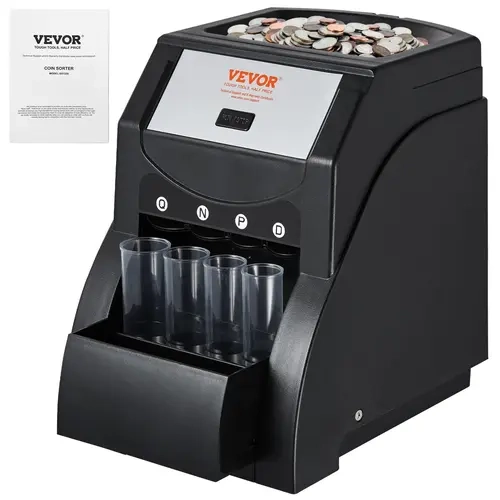 【toolupgrade】VEVOR Efficient High-Speed Coin Counter for USD 1,5,10,25 Cents, 230 CPM Sorting Capacity, 200-Coin Hold, 4 Tubes & Wrapper Included, Black, Ideal for Cashiers