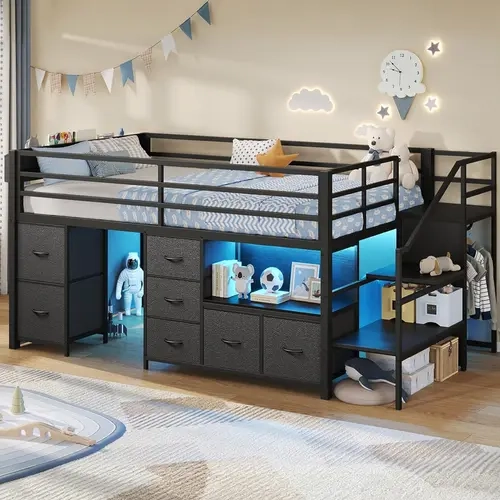 Sikaic Twin Low Loft Bed with Stairs, 7 Storage Drawers, Bookcase & LED Lights, Metal Loft Bed with 14" High Safety Guardrail, Inclined Ladder and Play Curtain, Under-Bed Play Space, Black, Home Furniture Christmas Gifts cozy home familyfun [TikTokShopbla