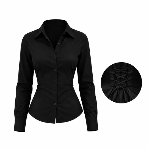 Elengatine Women's Sexy Polyester Blend Collared Long-Sleeve Fitted Button-Front Blouse - Lace-Up Back Corset Top, Chic Going Out Shirts for Women, College Date Night Apparel