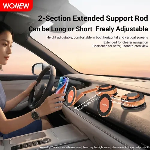 WONEW ZJ57 Magnetic Multi-Angle Adjustable Cellphone Holder - Aluminum Metal Extended Arm, Strong Vacuum Suction Vehicle Mount for Car Dashboards, Universal for Car Users & All Smartphones