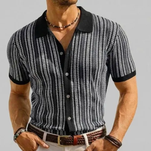 Zaitun Men's Stylish Striped Collared Neck Button-Front Sweater Shirt - Fitted Cut, Lightweight, Non-Stretch, Durable Clothes, Short-Sleeve Cool, Fashion Elegant, Formal & Casual Spring/Summer Menswear Tops