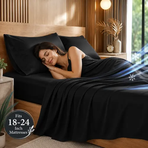 Jollyvogue 4/6 Pcs Cooling Bamboo Sheet Set – Breathable & Comfortable for Hot Sleepers, All-Season – Extra Deep Pocket (Fits 16" Mattress) – Hotel Luxury Soft & Wrinkle-Free – Includes Kids' Fitted Sheet & Pillowcases – Twin/Full/Queen/King, Bamboo Cooli