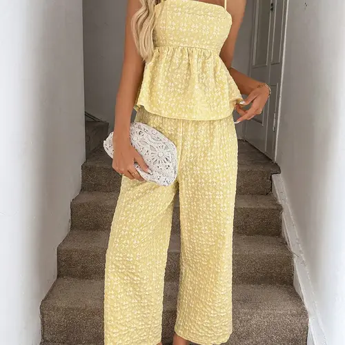 2 Piece Set Floral Print Sleeveless Spaghetti Strap Tank Top and Elastic Waist Long Pants, Hawaiian Style Island Vacation Casual Beach Set Women's