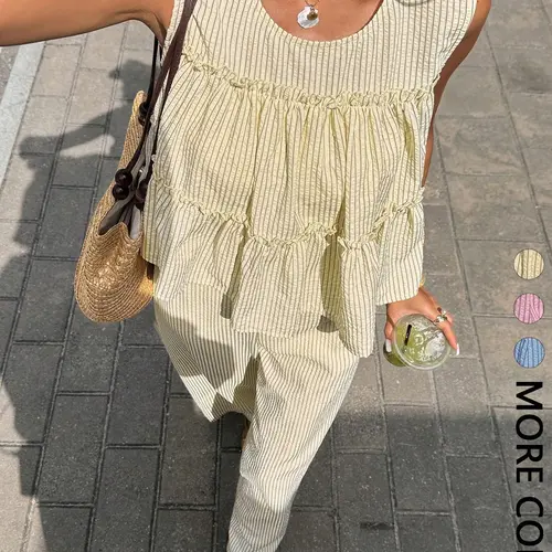2 Piece Striped Casual Relaxed Lounge Set, Round Neck Sleeveless Layered Ruffle Top, Elastic Waist Wide Leg Pants, Holiday Style