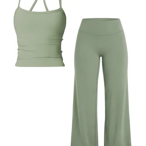 Women's Two-Piece Set Tank Top + High-Waisted Wide-Leg Pants, Breathable Sports, Yoga Gym Running, Summer Fitness Wear
