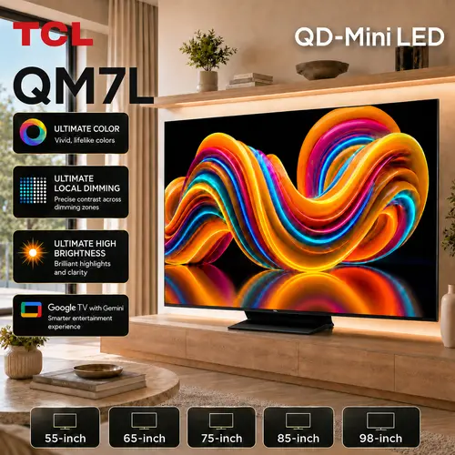 TCL QM7L Series 2026 55-inch SQD-Mini-LED QLED Ultrabright TV - 144Hz, Local Dimming, Ultimate Color & Contrast, Google AI, Bang & Olufsen Audio, Voice Control, Android, 600 & Above Nits, Wi-Fi, Bluetooth, HDMI, USB, Gaming Use