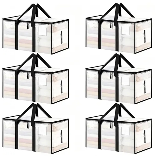 6-Pack Large-Capacity Transparent Thick Plastic Foldable Rectangle Storage Bags with Hinged Lids - Sturdy House Organizers, Storage Organizer for Home, Travel Stuff, Apartment Accessories