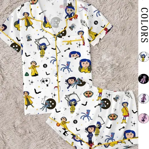 Women's Fantasy Adventure Cartoon Girl Print Pajama Set Pyjamas, Short Sleeve Open Front Two‑Piece Sleepwear, Gothic Style, Cozy Pjs