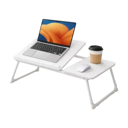 Sturdy Aluminium Folding Lap Desk for Adults - Adjustable Mobile Computer Desk, Portable Laptop Stand with Cup Holder, Bed & Picnic Use Tray for Working, Eating (White)