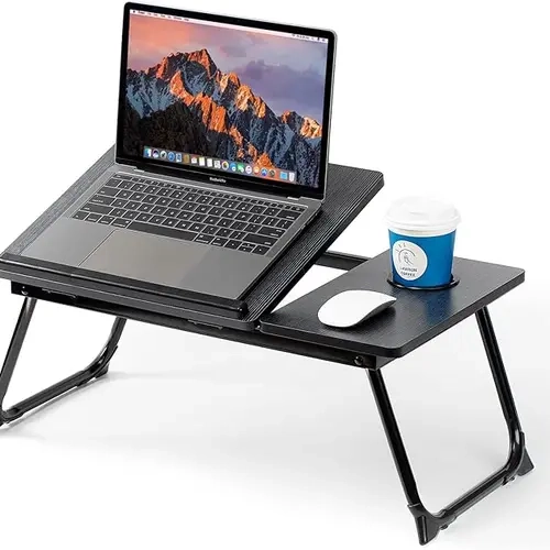 360° Rotate Aluminum Laptop Stand & Tray - Foldable, Adjustable Height, Articulating Dual-Axis Standing Desk with Cup Holder, Silicone Anti-slip Base, Cutout Panel, Storage, Wide Device Compatibility for Home Office, Conference Room