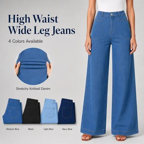 DLOODA Women's High-Waisted Oversized Stretchy Wide-Leg Jeans - Basic All-Seasons Women's Bottom, Casual Ankle-Length Denim Pants with Pockets for Back to School First Day Outfits
