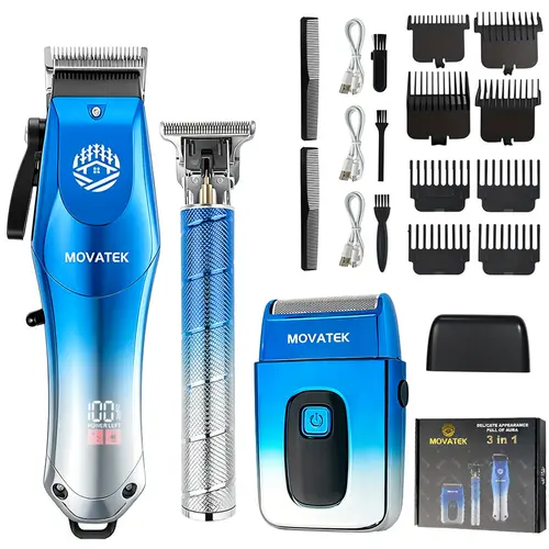 MOVATEK Men's 3-Piece 3-in-1 Hair Trimmers & Clippers Professional Barber Equipment Kit - Cordless, USB Rechargeable, Built-in Batteries, LED Status, Adjustable Combs, Electric Shaver, Beard Trimming Kit, Ideal Mens Gifts (Valentine, Dad)