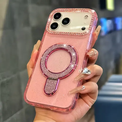 Rhinestone Edge Bracket Cellphone Case - Durable Flexible TPU Solid Color Glitter Casing with Antiscratch Guard, Antislip Grip, Protection for iPhone18/17/16/15/14/13/12 Pro Max, Portable Devices Accessory, Creative Gift