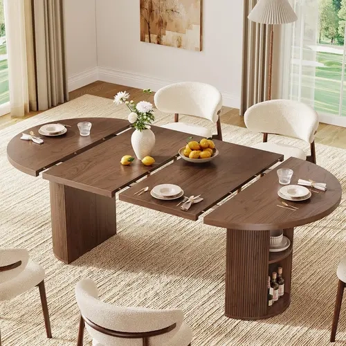 【FallDealsForYou】ONBRILL 41-78 Inch Extendable Dining Table for 4-8, Gorgeous Fluted Expandable Kitchen Table with Storage, 2 Leaf, Mid Century Modern Oval Dinner Tables for Dining Room, Kitchen, Living Room BackToSchool