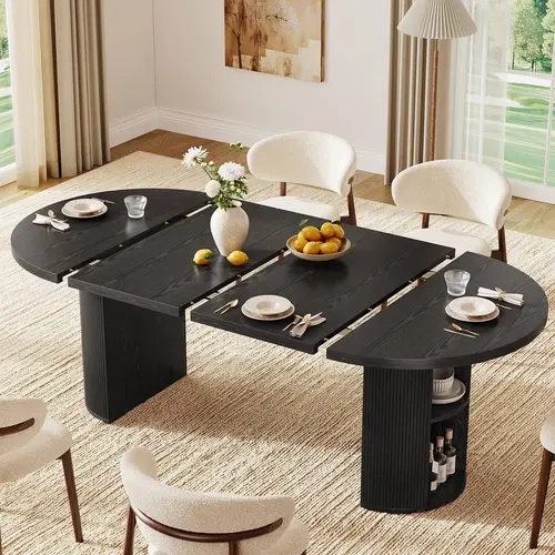 【FallDealsForYou】ONBRILL 41-78 Inch Extendable Dining Table for 4-8, Gorgeous Fluted Expandable Kitchen Table with Storage, 2 Leaf, Mid Century Modern Oval Dinner Tables for Dining Room, Kitchen, Living Room BackToSchool