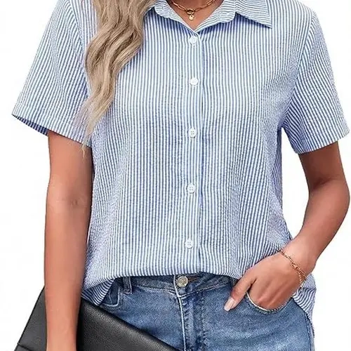 AUSELILY Womens Button Down Shirts Short Sleeve Loose Collared V Neck Tunics Summer Tops Work Casual Business Blouses