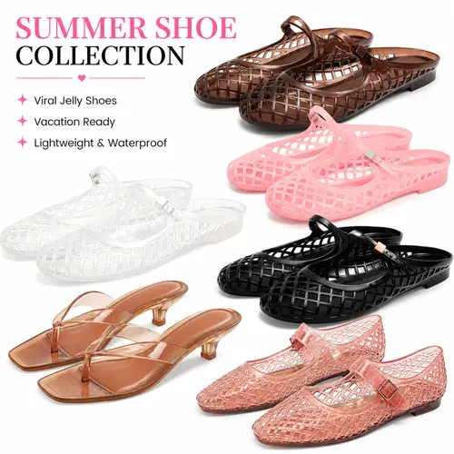 Women's Summer PVC Jelly Footwear Collection - Fine Heel Kitten Heel Sandals, Square Toe Mesh Casual Beach Flats, Breathable Adjustable Strap Mary Jane Walking Shoes with Lightweight, Flexible, Comfortable Fit