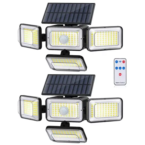 Mokot Solar-Powered Outdoor Wall Lights (Pack of 2), IP65 Waterproof Motion-Sensor Remote-Controlled Fixtures with 4 Heads, Rechargeable Secondary Cells for Yard