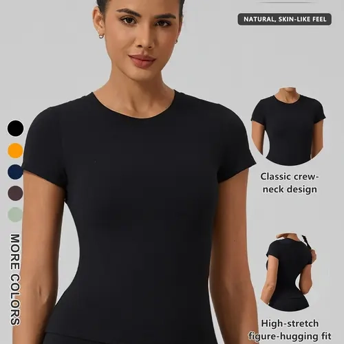 Women's Crew Neck Slim Fit Quick Dry Yoga T-Shirt, Breathable Nylon Elastane, Sporty Short Sleeve, Activewear Fitness, Gym T Shirts, Fitness Sport Top, Fitness Clothes, Athletic Apparel, Ideal for Gym & Outdoor Activities