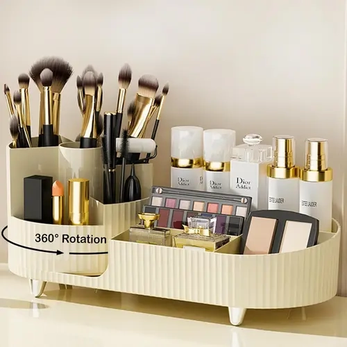 Rotating Makeup Organizer for Vanity with Brush Holder, Cosmetic Makeup Storage Organizer, Large Spinning Makeup Skincare Organizer, Countertop Makeup Perfume Organizer, Lotions Display