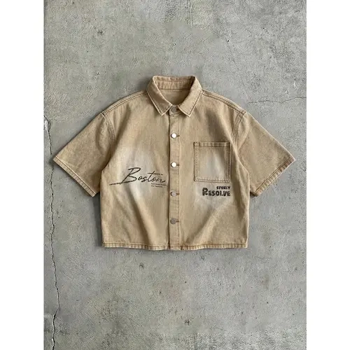 Men's Washed Print Jacket, Brand High-End Lapel Stylish Short Sleeve Button Down Shirts Summer Casual Tops