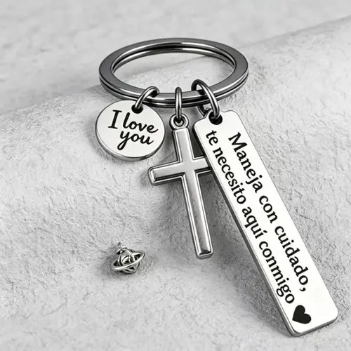 Stainless Steel Basic Spanish Romantic Drive Note Keychain with Cross-Engraved Charm, "I Love You" Inscription, Couple-Style Well-Wishing Item for Him (Boyfriends Day, Romance Gift for BF, Gifts for Him)