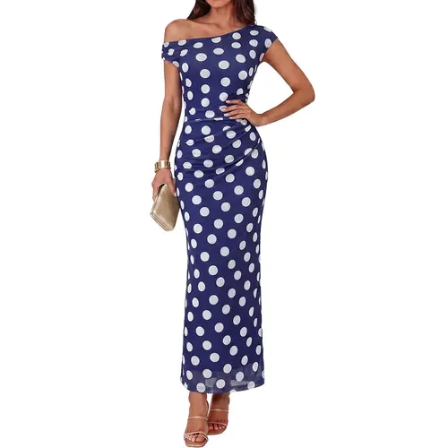 【Grace Karin】Women's 1-Shoulder Sleeveless Bodycon Ruched Mesh Ankle-Length Formal Dress - Polyester Elegant Formal Style Wear with Asymmetrical Cut, Back Zipper, Wedding Guest Option