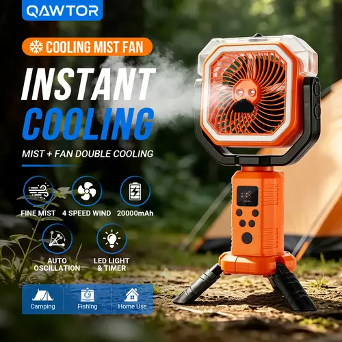Qawtor 2026 New Upgraded Compact Cordless Handheld Lithium Battery Fan - LED Light, USB Port, Strong Mist Spray, Tripod, Hanging Hook, Telescopic Stand, Digital Display, Multi-Speed, Portable Charger - for Bedroom, Outdoor Activities, Cordless Handheld Fa
