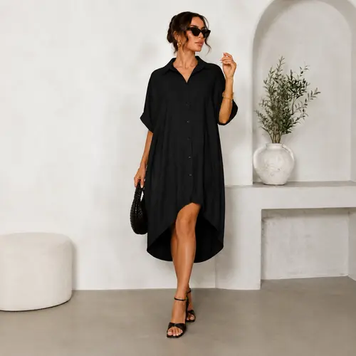 Elengatine Women's Elegant Polyester Button-Up Shirt Dress - Trending Clothes, Stylish Women's Wear, Minimalist Casual A-Line Midi, Classic Turn-Down Collar, Short Sleeve, 95% Stretchy Fabric, Curved Split Hem, Easy Coverage, Baddie Aesthetic Streetwear