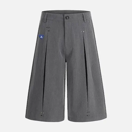 Aelfric Eden Pleated Longline Shorts High Waist 3D Pleated Silhouette Metal Rivet Detail Structured Suiting Fabric Deconstructed Streetwear Unisex Bottoms