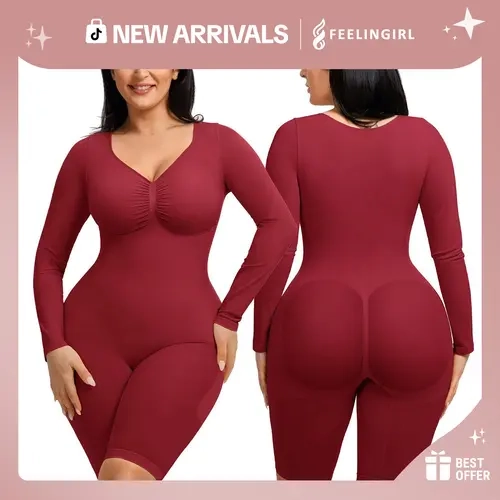 FeelinGirl Women's Long Sleeve Tummy Control Bodysuit V Neck Basic Stretchy Slim Fit Body Suits NewArrivals #SohoChic Seamless Shapewear Curvy girl friendly