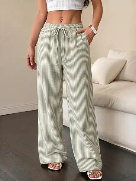 Women’s lightweight striped wide-leg pants—comfortable for home wear with a drapey feel, elastic waistband with drawstring, versatile striped long pants suitable for casual, beach, and vacation outfits; an essential piece for summer.