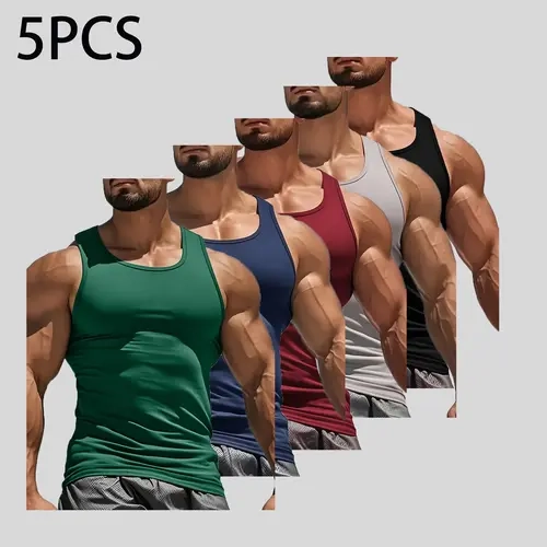 Men’s 5-Pack Slim Fit Compression Activewear Tank Tops - High Stretch, Breathable, Quick Dry Athletic Sports Clothing, Sleeveless Workout Yoga Base Layer Vest
