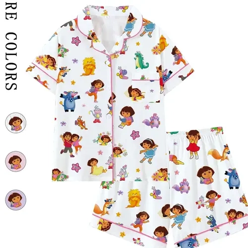 Women's 90s/00s Cartoon Character Print Pajama Set, Cute Short Sleeve Button Front Shirt & Elastic Waist Shorts Set, Loungewear, Casual 2-Piece Sleepwear for Nostalgic Fans, Contrast Binding Pjs
