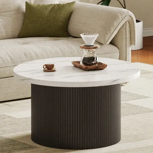 【FallDealsForYou】ONBRILL 31.5" Gorgeous Fluted Coffee Table, Round Mid Century Coffee Tables for Living Room, Cute Modern Wood Coffee Table, Drum Accent Small Center Table, Bedroom Furniture FallDealsForYou